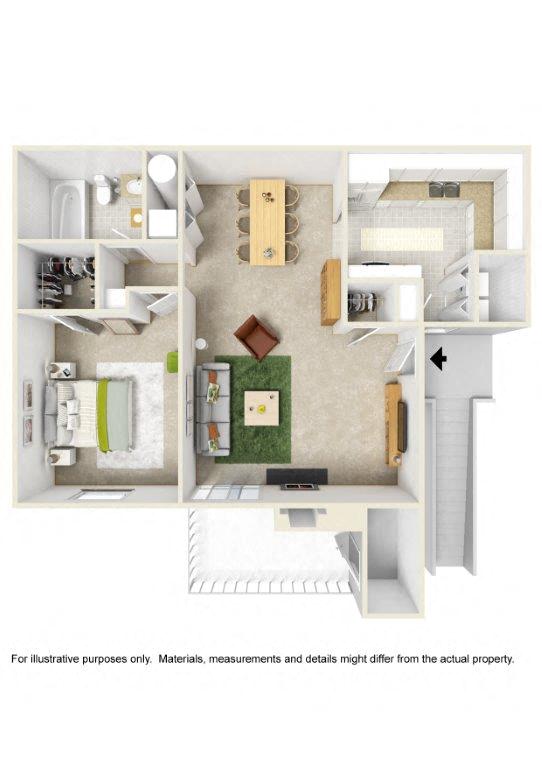 Floor plan for 1 bed, 1 bath, 850 sqft